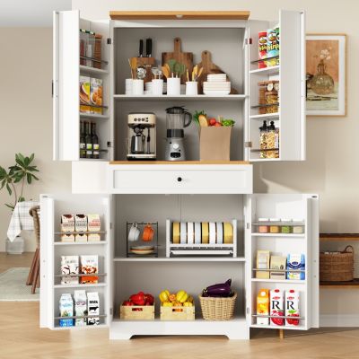 Buffet Haut de Cuisine avec Plateau et 12 Compartiments Fermés - Meuble de Rangement en MDF et Métal, Blanc, 80x40x180 cm