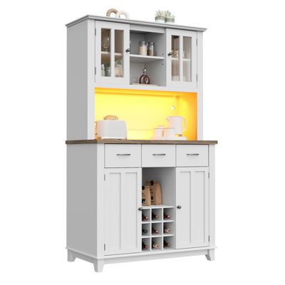 Buffet Haut De Cuisine, Buffet Avec Étagères Réglables, Buffet Avec Éclairage LED, Blanc