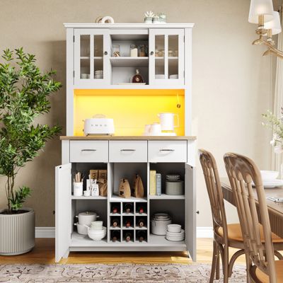 Buffet Haut De Cuisine, Buffet Avec Étagères Réglables, Buffet Avec Éclairage LED, Blanc