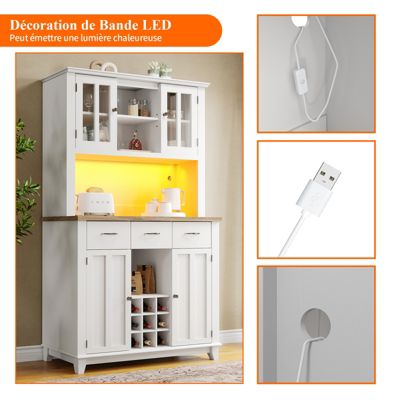 Buffet Haut De Cuisine, Buffet Avec Étagères Réglables, Buffet Avec Éclairage LED, Blanc