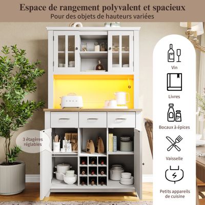 Buffet Haut De Cuisine, Buffet Avec Étagères Réglables, Buffet Avec Éclairage LED, Blanc
