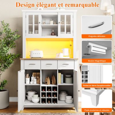 Buffet Haut De Cuisine, Buffet Avec Étagères Réglables, Buffet Avec Éclairage LED, Blanc