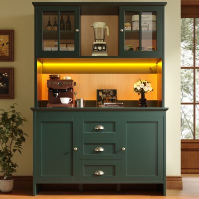 Vitrine 110.5×35×160 cm avec porte vitrée et LED, Buffet haut avec roulettes et tiroir coulissant, Buffet salon en blanc et noir - Maison