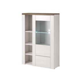 Buffet haut design 1 porte pour salon couleur blanc effet bois et chêne. Collection SANTIAGO.