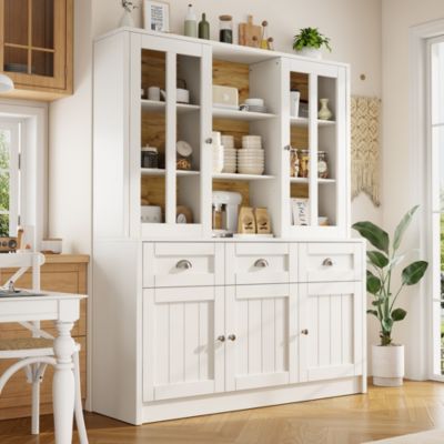 Buffet Haut Moderne - Vaisselier avec Portes Vitrées et Meuble de Rangement, MDF et Acrylique, 140x38,5x175 cm, Blanc