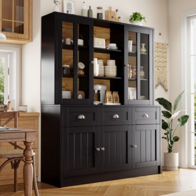 Buffet Haut Moderne - Vaisselier avec Portes Vitrées et Meuble de Rangement, MDF et Acrylique, 140x38,5x175 cm, Noir