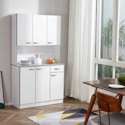 Buffet haut multi-rangement - 6 portes, tiroir, grand plateau - dim. 101L x 39l x 180H cm - panneaux particules blanc gris