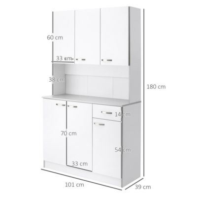 Buffet haut multi-rangement - 6 portes, tiroir, grand plateau - dim. 101L x 39l x 180H cm - panneaux particules blanc gris