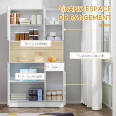 Buffet haut multi-rangement - 6 portes, tiroir, grand plateau - dim. 101L x 39l x 180H cm - panneaux particules blanc gris