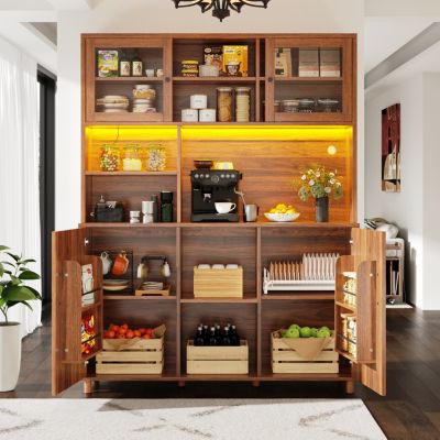 Buffet Haut Vintage - Vitrine 2 en 1 avec Éclairage LED et Tiroirs, 3 Étagères Réglables, Verre et MDF Brun Noyer 140x40x185 cm