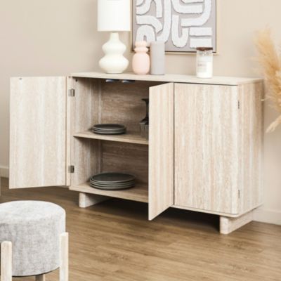 Buffet - HOME DECO FACTORY - Pietra - 3 Portes - Effet Pierre - Blanc et Beige