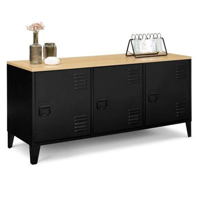 Buffet Industriel 3 Portes Métal Noir + Rangement + Plateau Bois 113 cm  Salon Esthétique Factory Epuré