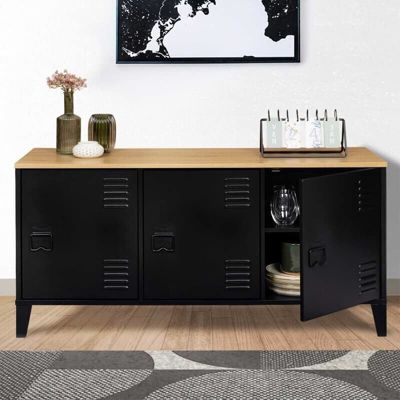 Buffet Industriel 3 Portes Métal Noir + Rangement + Plateau Bois 113 cm  Salon Esthétique Factory Epuré