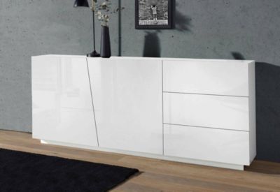 Buffet John, Buffet de cuisine avec 2 portes et 3 tiroirs, Buffet de salon, 100% Made in Italy, 180x43h86 cm, Blanc brillant