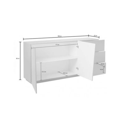 Buffet John, Buffet de cuisine avec 2 portes et 3 tiroirs, Buffet de salon, 100% Made in Italy, 180x43h86 cm, Blanc brillant