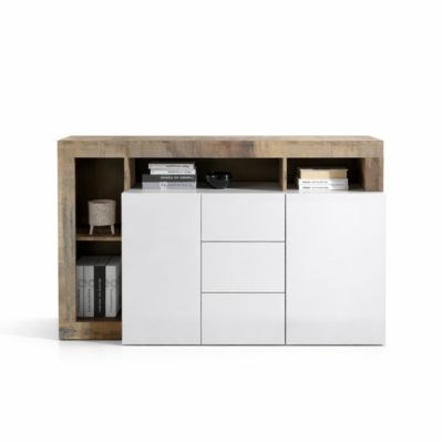 Buffet laqué blanc et chêne naturel 2 portes-3 tiroirs GAMA