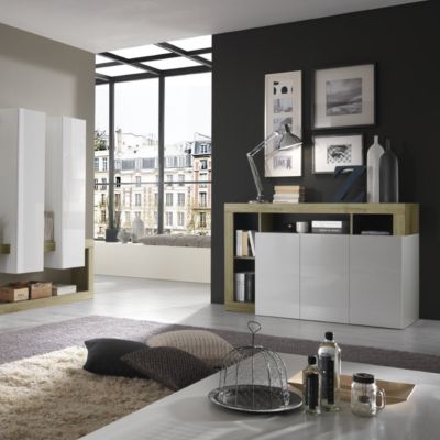 Buffet laqué blanc et chêne naturel 2 portes-3 tiroirs GAMA