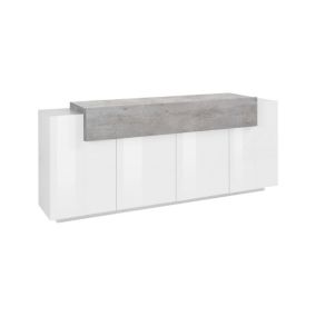 Buffet Loris, Buffet de cuisine 4 portes, Buffet de salon, 100% Made in Italy, 200x45h86 cm, Blanc brillant et béton