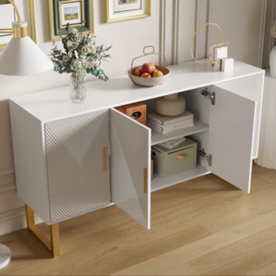 Buffet luxe blanc laqué portes texturées et accents dorées
