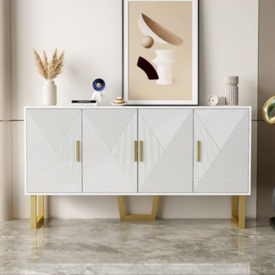 Buffet luxe blanc laqué portes texturées et accents dorées