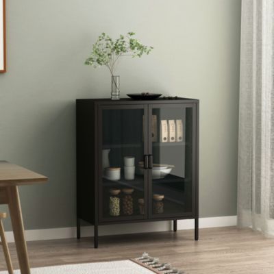 Buffet métallique avec portes vitrées Fauske acier verre trempé 102 x 80 x 40 cm noir en.casa