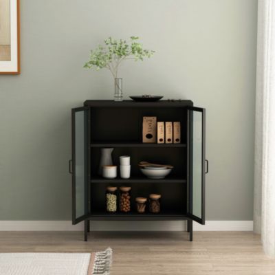 Buffet métallique avec portes vitrées Fauske acier verre trempé 102 x 80 x 40 cm noir en.casa