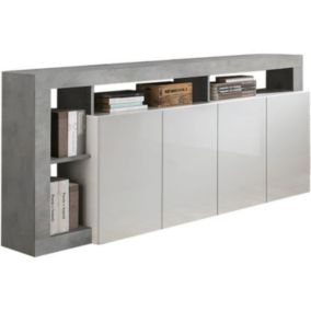 Buffet Maestro effet béton & laqué blanc brillant 4 portes - 184 x 42 x Hauteur 93 cm