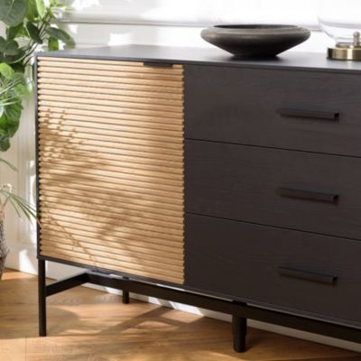 Buffet marron et noir 3 tiroirs 2 portes Pin pieds métal noir