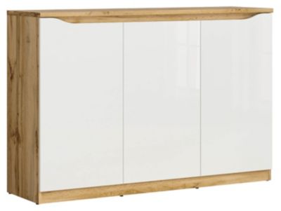 Buffet Meuble de rangement à 3 portes, coloris chêne Wotan/blanc brillant - Longueur 135 x Profondeur 39,5 x Hauteur 91,5 cm