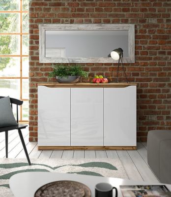 Buffet Meuble de rangement à 3 portes, coloris chêne Wotan/blanc brillant - Longueur 135 x Profondeur 39,5 x Hauteur 91,5 cm