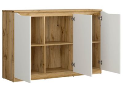 Buffet Meuble de rangement à 3 portes, coloris chêne Wotan/blanc brillant - Longueur 135 x Profondeur 39,5 x Hauteur 91,5 cm