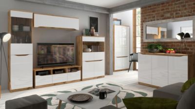 Buffet Meuble de rangement à 3 portes, coloris chêne Wotan/blanc brillant - Longueur 135 x Profondeur 39,5 x Hauteur 91,5 cm