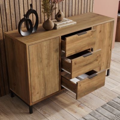 Buffet - Meuble de Rangement avec 2 Portes et 3 Tiroirs, Bois Massif, Marron, 120x40x76 cm