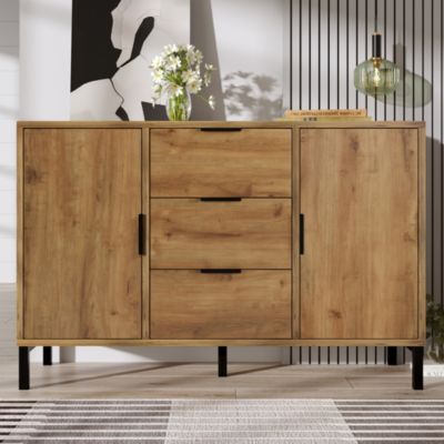 Buffet - Meuble de Rangement avec 2 Portes et 3 Tiroirs, Bois Massif, Marron, 120x40x76 cm
