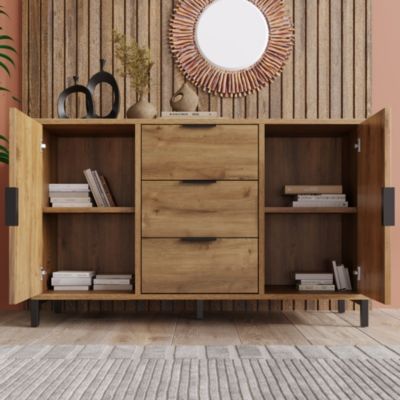 Buffet - Meuble de Rangement avec 2 Portes et 3 Tiroirs, Bois Massif, Marron, 120x40x76 cm