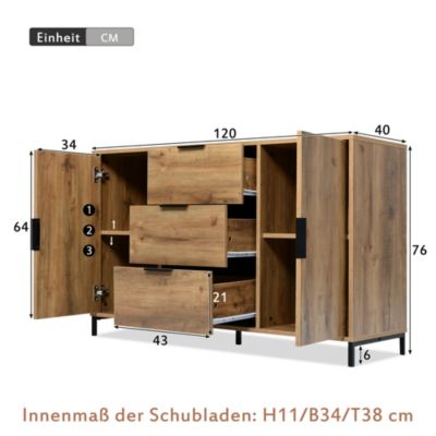 Buffet - Meuble de Rangement avec 2 Portes et 3 Tiroirs, Bois Massif, Marron, 120x40x76 cm