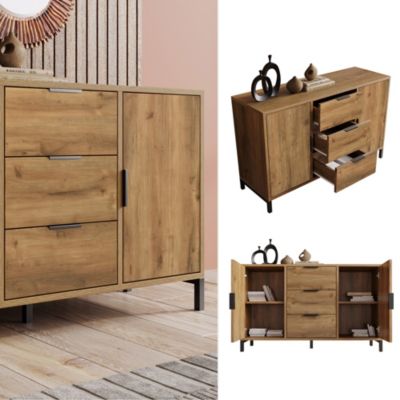 Buffet - Meuble de Rangement avec 2 Portes et 3 Tiroirs, Bois Massif, Marron, 120x40x76 cm