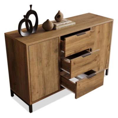 Buffet - Meuble de Rangement avec 2 Portes et 3 Tiroirs, Bois Massif, Marron, 120x40x76 cm