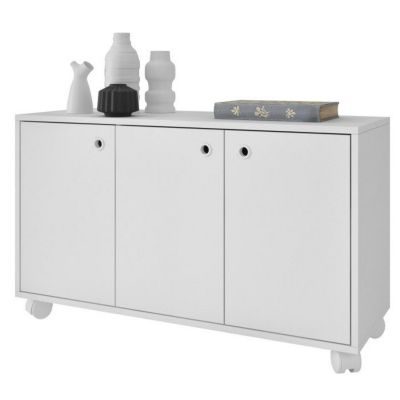 Buffet Meuble de Rangement Blanc 3 Portes sur Roulettes - L 90 x l 33 x H 53.5 cm