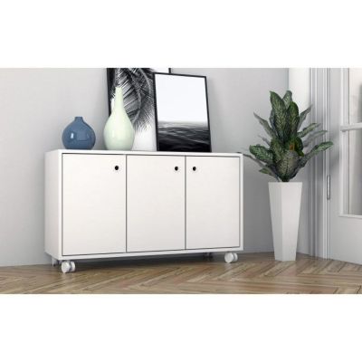 Buffet Meuble de Rangement Blanc 3 Portes sur Roulettes - L 90 x l 33 x H 53.5 cm