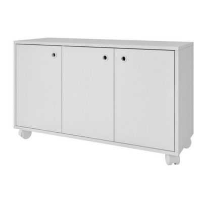 Buffet Meuble de Rangement Blanc 3 Portes sur Roulettes - L 90 x l 33 x H 53.5 cm