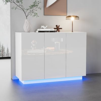 Buffet Moderne 120 cm avec LED Intégré, Portes et Tiroirs, Meuble Contemporain de Rangement, Blanc Brillant, 120x40x75 cm