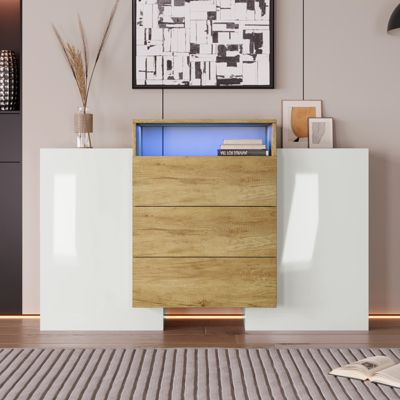 Buffet moderne 140 cm, blanc brillant et bois, LED multicolores, design elegant, rangement pratique, surface brillante
