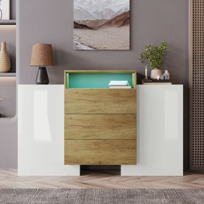 Buffet moderne 140 cm, blanc brillant et bois, LED multicolores, design elegant, rangement pratique, surface brillante