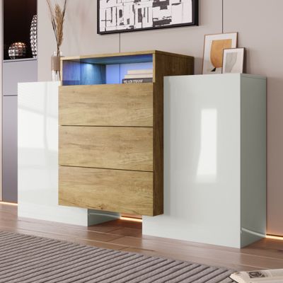 Buffet moderne 140 cm, blanc brillant et bois, LED multicolores, design elegant, rangement pratique, surface brillante