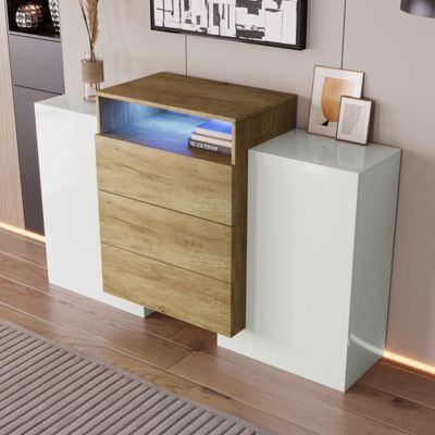 Buffet moderne 140 cm, blanc brillant et bois, LED multicolores, design elegant, rangement pratique, surface brillante