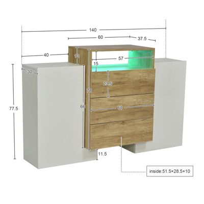 Buffet moderne 140 cm, blanc brillant et bois, LED multicolores, design elegant, rangement pratique, surface brillante
