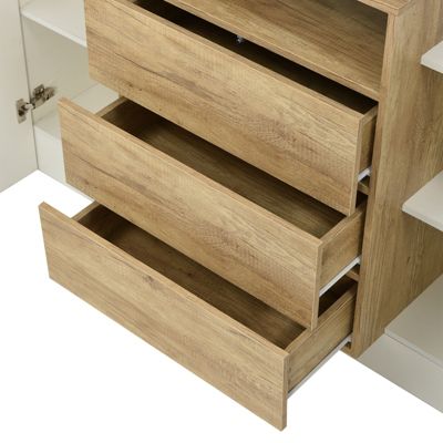 Buffet moderne 140 cm, blanc brillant et bois, LED multicolores, design elegant, rangement pratique, surface brillante