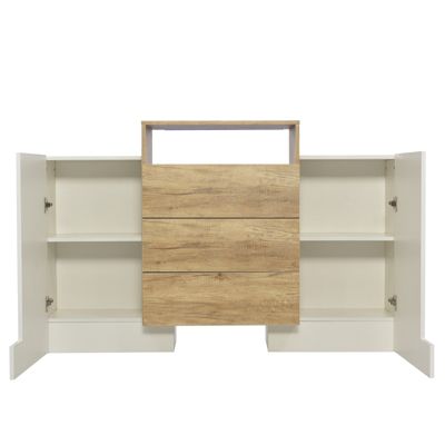 Buffet moderne 140 cm, blanc brillant et bois, LED multicolores, design elegant, rangement pratique, surface brillante