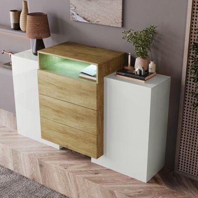 Buffet moderne 140 cm, blanc brillant et bois, LED multicolores, design elegant, rangement pratique, surface brillante